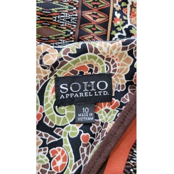 Soho Apparel LTD Dress Sz 10 Brown Multiprint Boho Retro Fitted Wasit Vneck - Picture 4 of 5